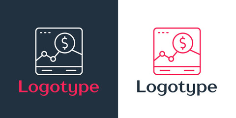 Logotype line Website with stocks market growth graphs and money icon isolated on white background. Monitor with stock charts arrow on screen. Logo design template element. Vector