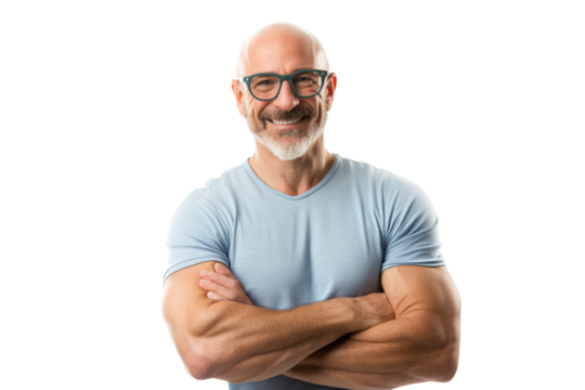Smiling Bald Muscular Man in Light Blue Shirt