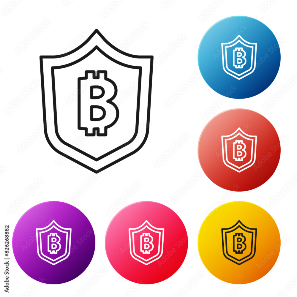 Poster black line shield with bitcoin icon isolated on white background. cryptocurrency mining, blockchain 