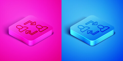 Isometric line Project team base icon isolated on pink and blue background. Business analysis and planning, consulting, team work, project management. Square button. Vector