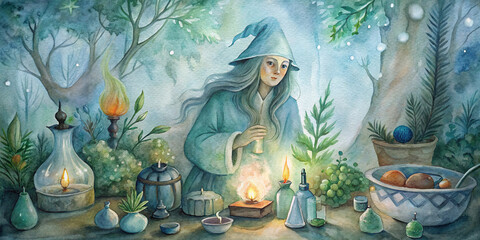 A whimsical forest scene features a witch in a green hat brewing potions at a wooden table surrounded by glowing candles, plants, and magical ingredients. The soft glow of the candles adds a mystical 