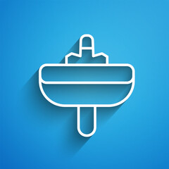 Fototapeta premium White line Washbasin with water tap icon isolated on blue background. Long shadow. Vector