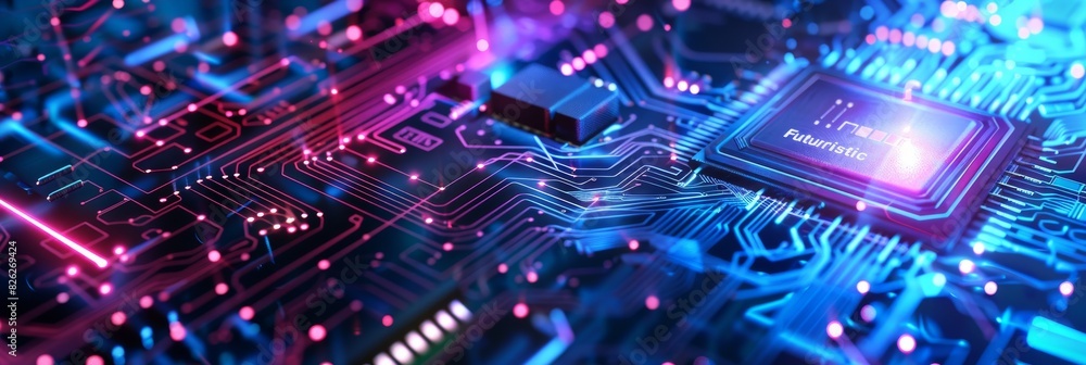 Aufkleber An advanced GPU ram microchip or CPU on a powerful computer board for artificial intelligence technology is shown in a wide banner design with copy area - Stock AI
