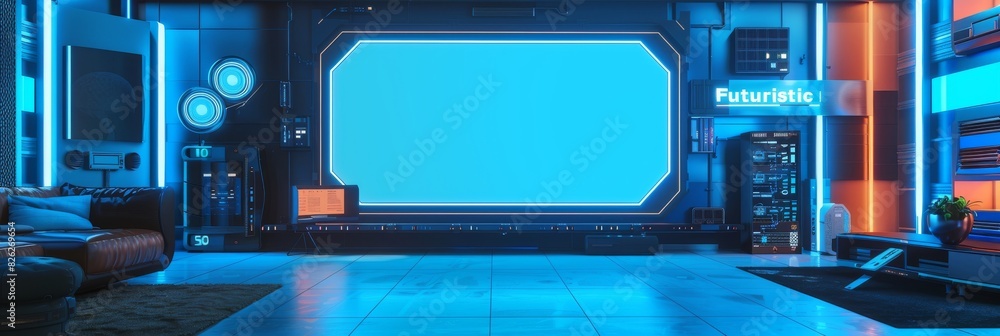Aufkleber Mix of digital 3D illustration and matte painting on a smart TV with a blank empty mockup blue screen.