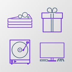 Set line Video game console, Vinyl player with vinyl disk, Gift box and Cake icon. Vector