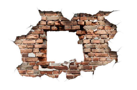 Bricks, a broken wall with a hole in the middle, isolated on a white background, vector illustration png photo stock, high resolution, clear colors, detailed, in the style of a hyperrealistic artist.