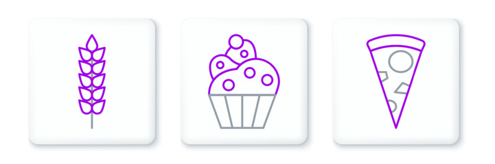 Set line Slice of pizza, Cereals with rice, wheat, corn, oats, rye and Cupcake icon. Vector