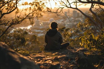 A person is seated on a hill, looking out at a city spread below
