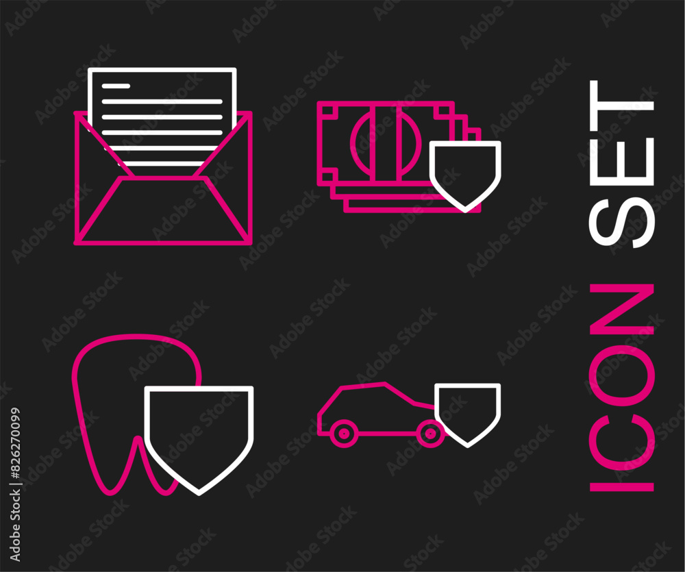 Poster Set line Car with shield, Tooth, Money and Mail and e-mail icon. Vector