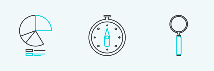 Set line Magnifying glass, Pie chart infographic and Compass icon. Vector