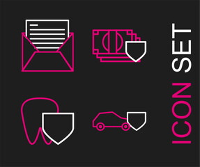 Set line Car with shield, Tooth, Money and Mail and e-mail icon. Vector