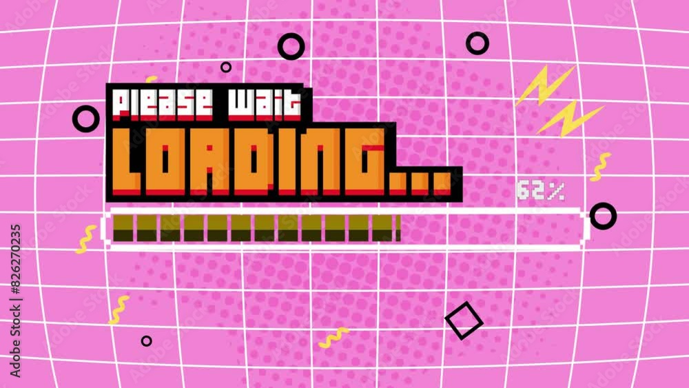 Poster pixel art 8-bit please wait loading bar concept on pink background