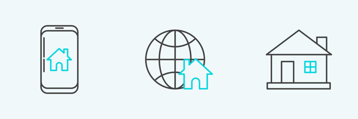 Set line House, Mobile phone with smart home and Globe house symbol icon. Vector