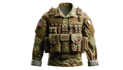 Military soldier  uniform isolated on a white background. The uniform is detailed with camouflage patterns, patches, badges, and utility pockets.