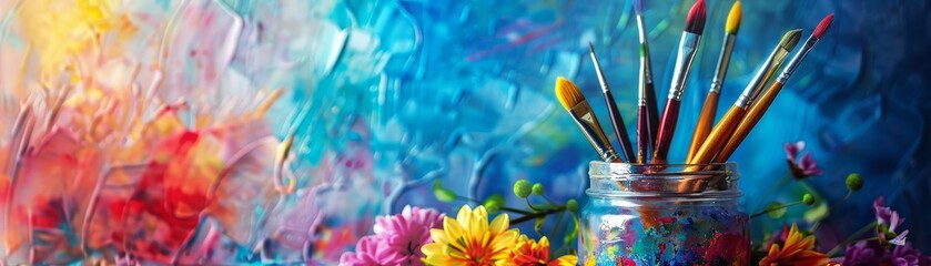 A vase with paint brushes and flowers. Outline modern design.
