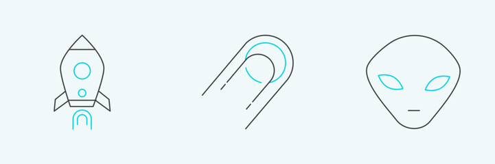 Set line Alien, Rocket ship with fire and Satellite icon. Vector