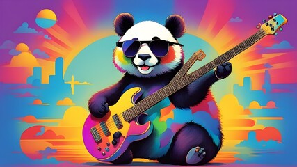 A blind panda with dark sun glasses holding a bass guitar with a colorful background