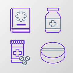 Set line Medicine pill or tablet, bottle and pills, and Medical book icon. Vector