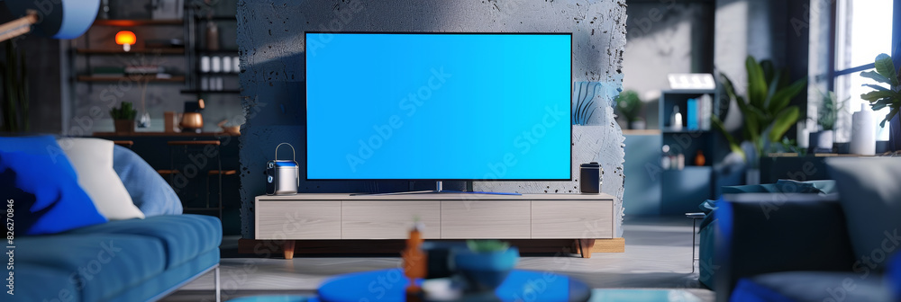 Aufkleber objects mixed with digital 3d illustration and matte painting depicting a smart tv with empty mockup