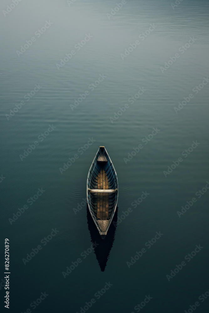 Wall mural aerial view of a single boat floating on a calm, open body of water. highlight the solitude and mini