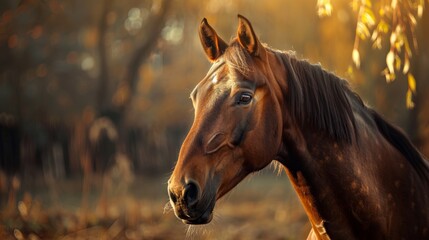 The horse in the paddock on a golden afternoon is a portrait of a single animal