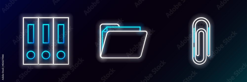 Poster set line paper clip, office folders with papers and documents and document icon. glowing neon. vecto