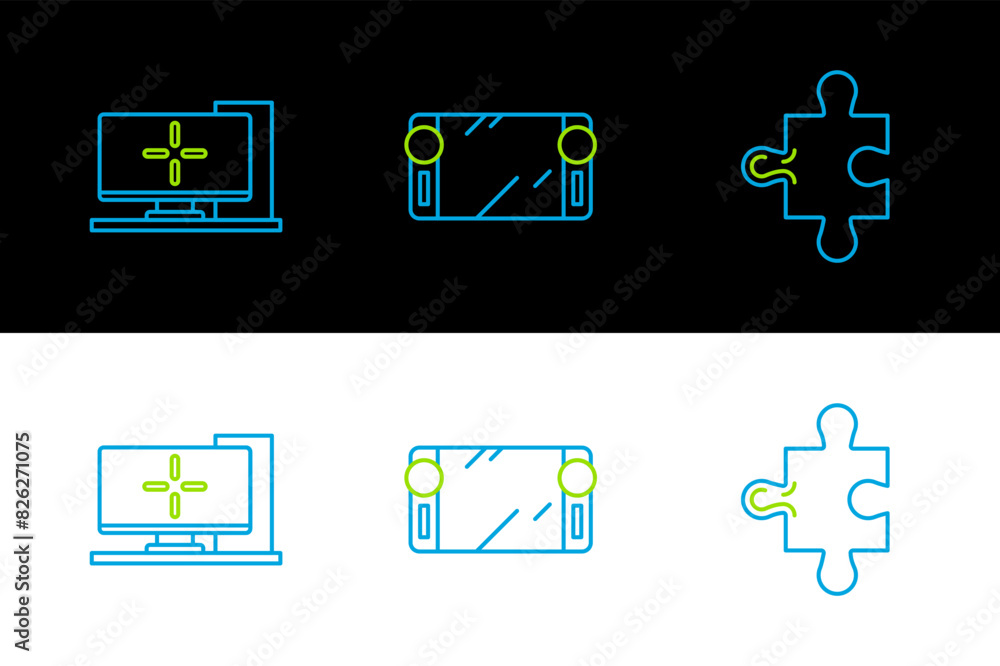 Poster set line piece of puzzle, computer monitor and portable video game console icon. vector