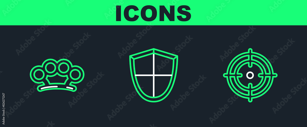 Poster Set line Target sport, Brass knuckles and Shield icon. Vector