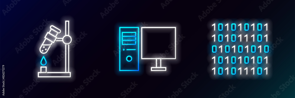 Poster set line binary code, test tube flask on fire and computer monitor icon. glowing neon. vector