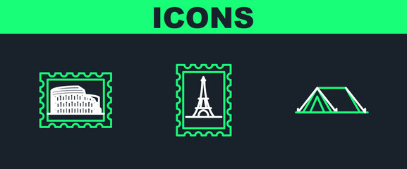 Set line Tourist tent, Postal stamp and Coliseum and Eiffel tower icon. Vector
