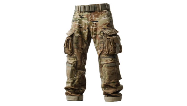  Military soldier pants isolated on a white background. The pants are detailed with camouflage patterns, multiple utility pockets, and rugged fabric. 