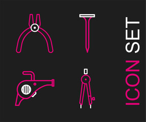 Set line Drawing compass, Leaf garden blower, Metallic nail and Pliers tool icon. Vector