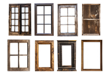 A collection of industrial-style vintage wooden window frames on a clean white background