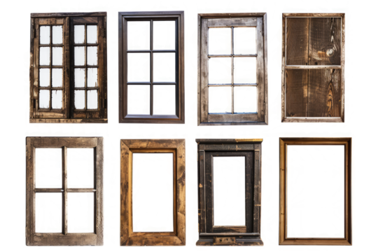 A collection of industrial-style vintage wooden window frames on a clean white background