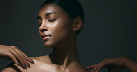 Beauty, sensual and face of woman in studio for cosmetic, natural and dermatology treatment....