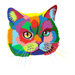Portrait of a rainbow cat with multi-colored eyes and spots on wool