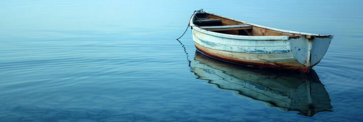 Vintage wooden boat floating on calm water with a perfect reflection, ideal for serene and peaceful...