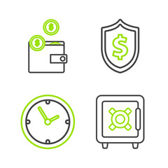 Set line Safe, Clock, Shield with dollar symbol and Wallet coins icon. Vector