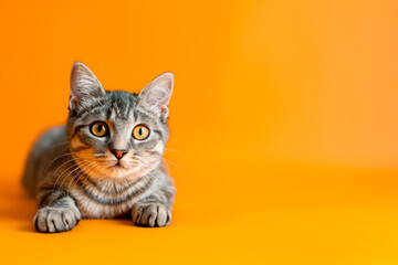 Obraz premium Cute American Shorthair Cat over colourful background. Template for vet clinic, pet store or adoption message.