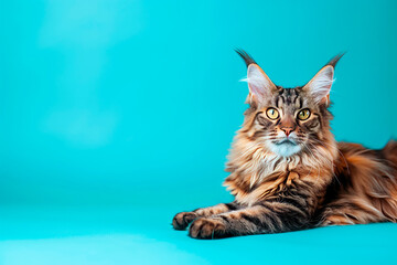 Cute Maine Coon Cat over colourful background. Template for vet clinic, pet store or adoption message.