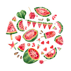 Collection of watercolor watermelon slices in a circle. A set of desserts, snacks and watermelon decorations. Isolated illustration on white background. Fruit for a healthy diet