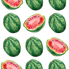 Watercolor watermelon seamless pattern. Illustration of ripe cut and whole fruits. Composition of diagonal print on isolated white background. Summer juicy dessert