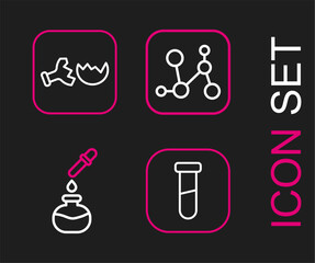 Set line Test tube and flask, Chemical formula and Broken icon. Vector