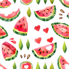 Seamless pattern with watermelon slices and leaves. Watercolor illustration of ripe and juicy fruits. Repeat images for wallpapers, posters and summer menus. Seasonal background design