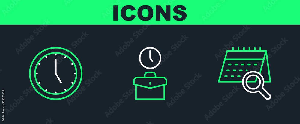 Poster set line calendar search, clock and work time icon. vector
