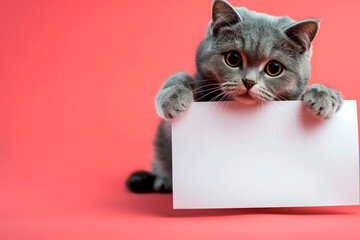 Cute Scottish Fold Cat holding a blank white sign for mockup over colourful background. Template for vet clinic, pet store or adoption message.