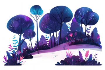 A forest landscape with glowing, neon-lit trees and plants, set against a white background.