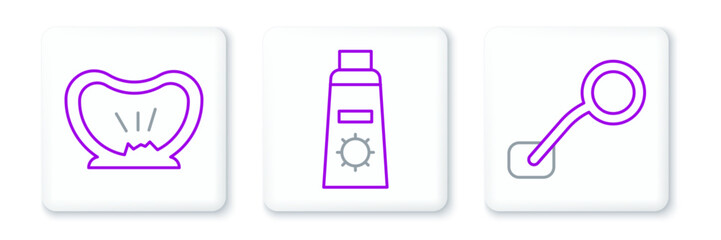 Set line Bicycle rear view mirror, punctured tire and Sunscreen cream in tube icon. Vector