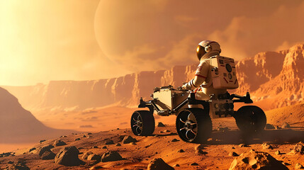 Astronaut on rover explores rocky Martian terrain