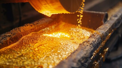 Molten gold is being carefully poured into a mould, creating a bright, glowing liquid in an industrial foundry setting.